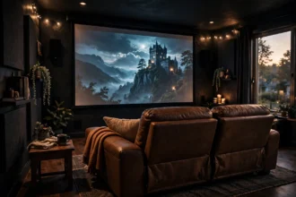 Dark diy home theater room with a projector screen and leather recliner seats