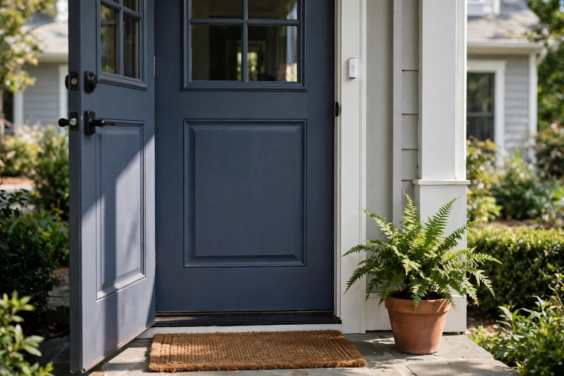 Front door with a door sensor on the frame