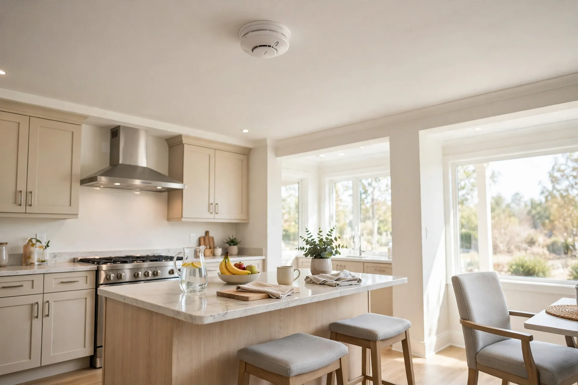 Ceiling smoke alarm in a senior home kitchen