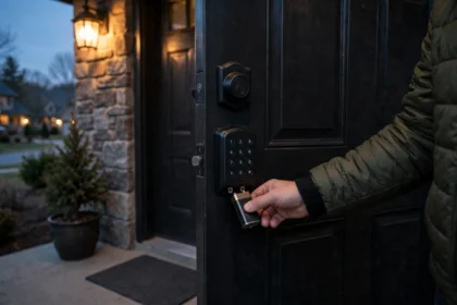 What happens when smart lock battery dies locked out: homeowner powering a dead smart lock with a 9V battery on the keypad terminals