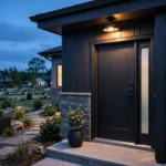 Best smart lock for Airbnb: modern keypad deadbolt on a vacation rental front door at dusk