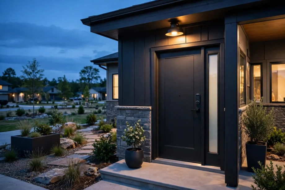Best smart lock for Airbnb: modern keypad deadbolt on a vacation rental front door at dusk