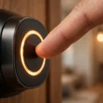 Fingerprint door lock not recognizing finger fix: close-up of a finger on a smart lock fingerprint sensor