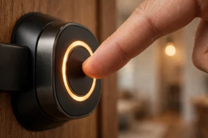 Fingerprint door lock not recognizing finger fix: close-up of a finger on a smart lock fingerprint sensor