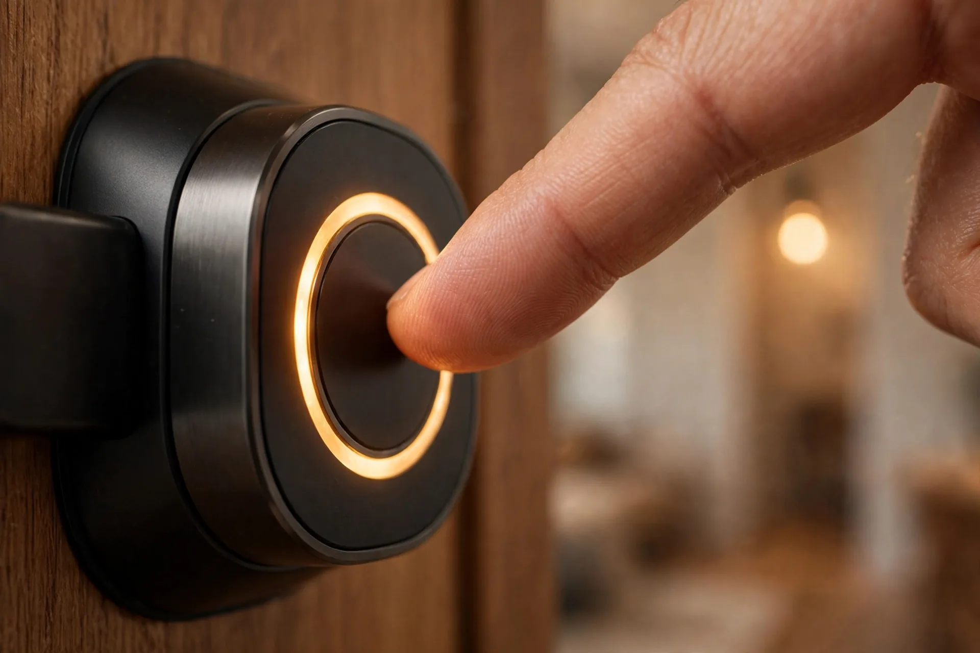 Fingerprint door lock not recognizing finger fix: close-up of a finger on a smart lock fingerprint sensor