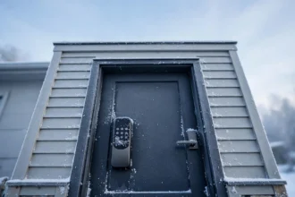 Smart lock cold weather problems: frosty keypad on a winter front door