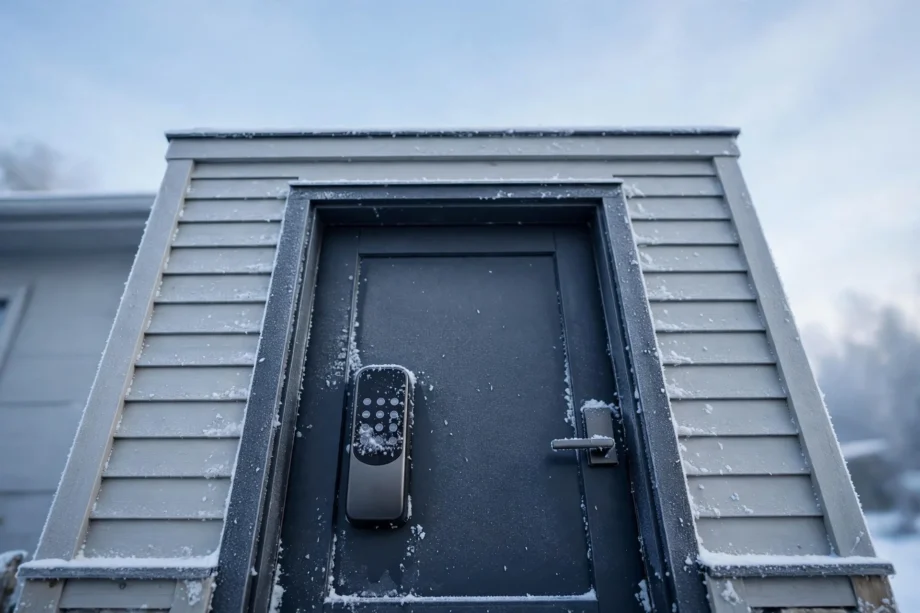 Smart lock cold weather problems: frosty keypad on a winter front door