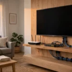 Home network installation with router and switch on a living room shelf