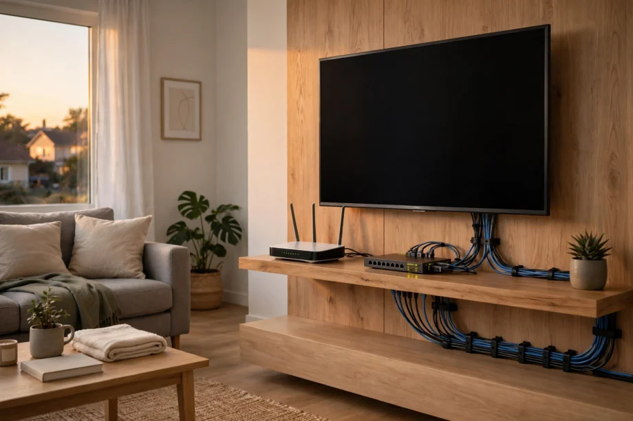 Home network installation with router and switch on a living room shelf