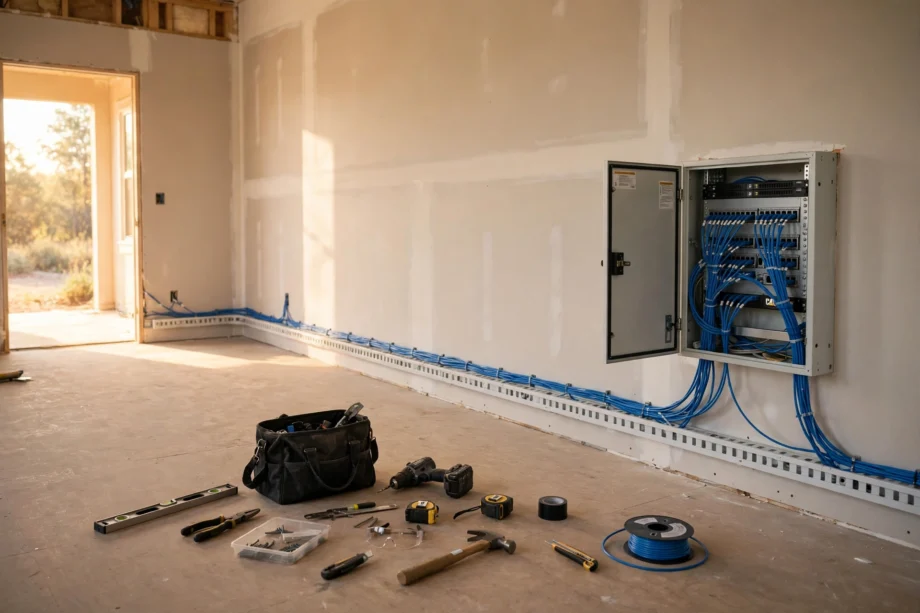 Smart home wiring design ideas 2026 with ethernet cables running to a network panel