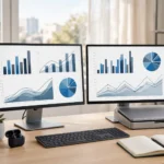 Dual screen setup for office with two monitors on a tidy desk