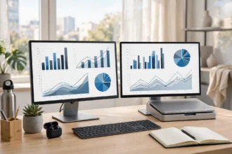 Dual screen setup for office with two monitors on a tidy desk