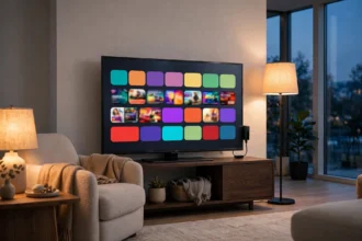 Living room television set up with a Fire TV Stick for streaming
