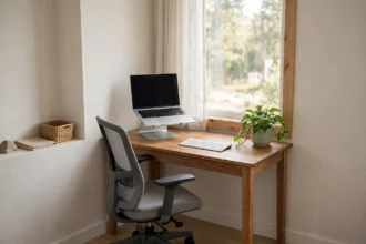 Tidy home office corner set up for remote work with a laptop and desk