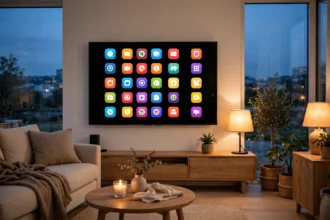 How do smart TVs work in a modern living room with streaming apps on screen
