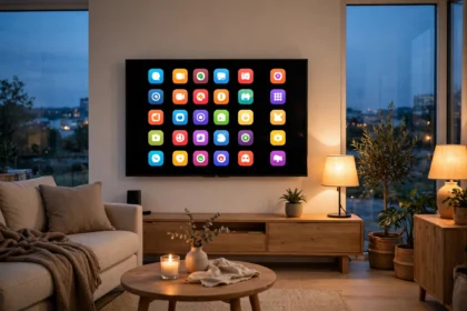 How do smart TVs work in a modern living room with streaming apps on screen