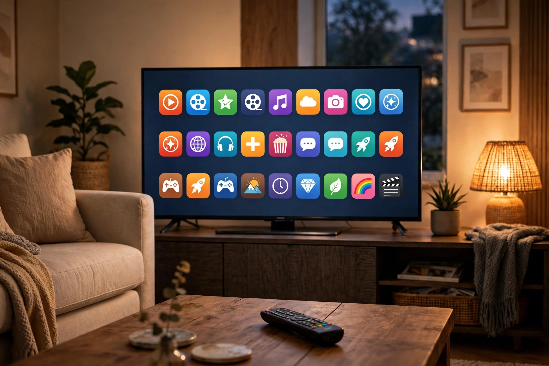 Fire TV home screen showing streaming app rows on a living room television