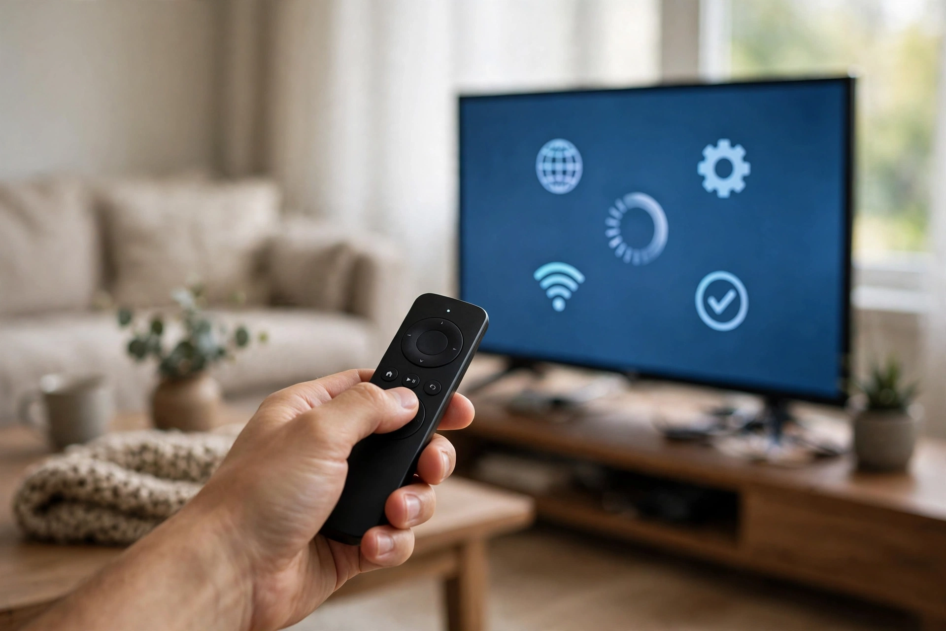Hand holding a Fire TV remote pointed at a television during setup