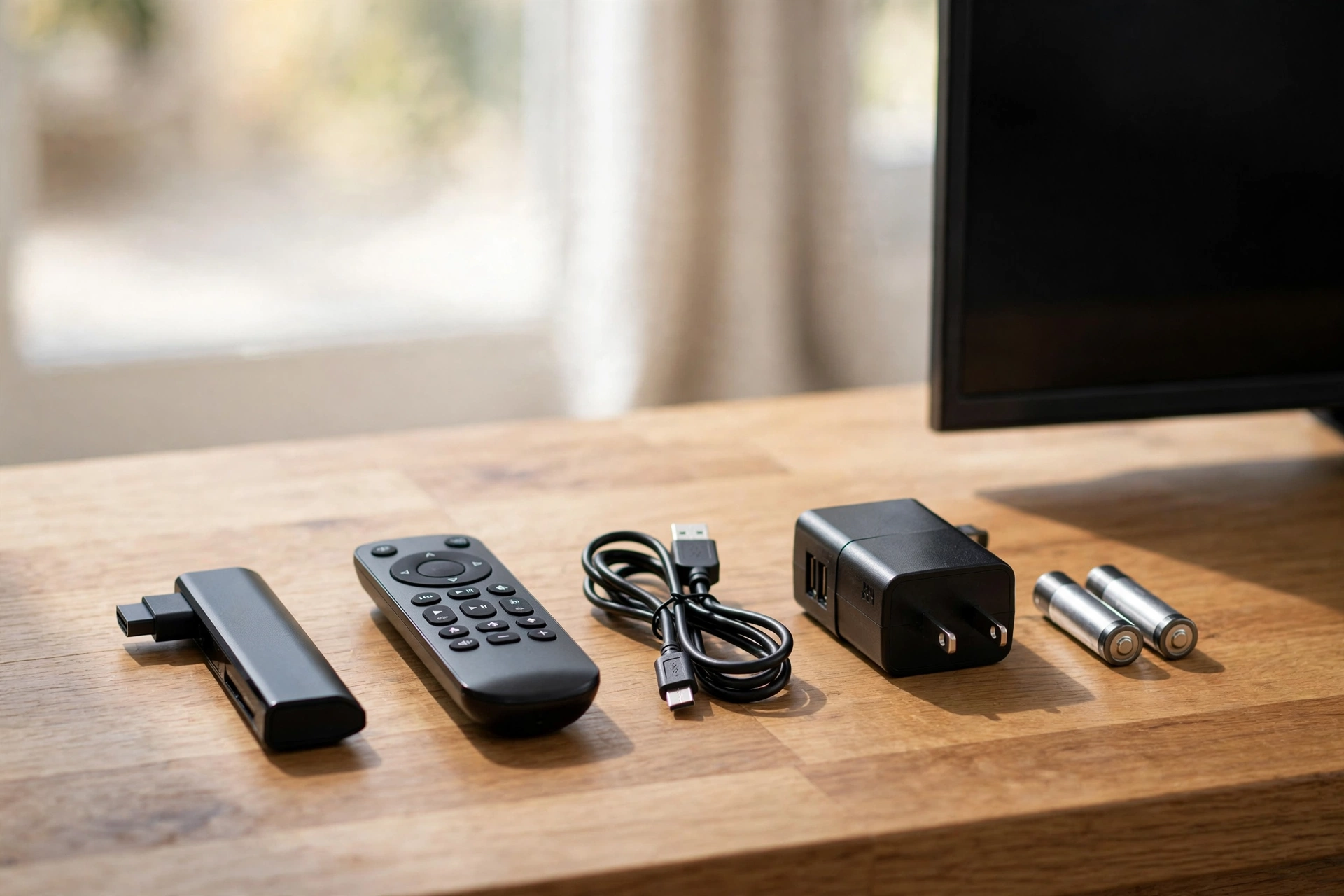 Fire TV Stick, remote, power adapter and cables laid out on a table