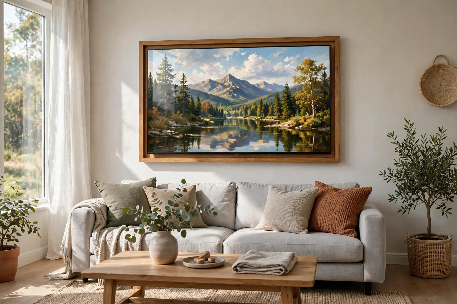 A Frame style TV mounted flush on a living room wall showing artwork