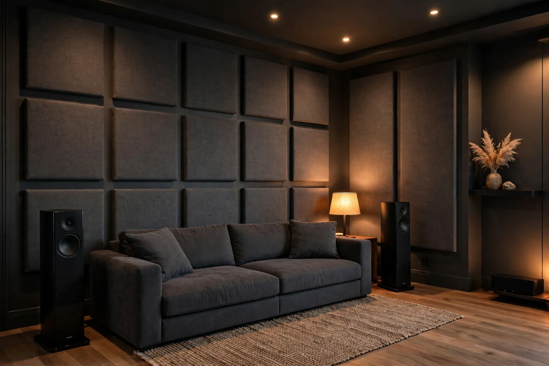 Home theater side wall with fabric acoustic panels and a sofa