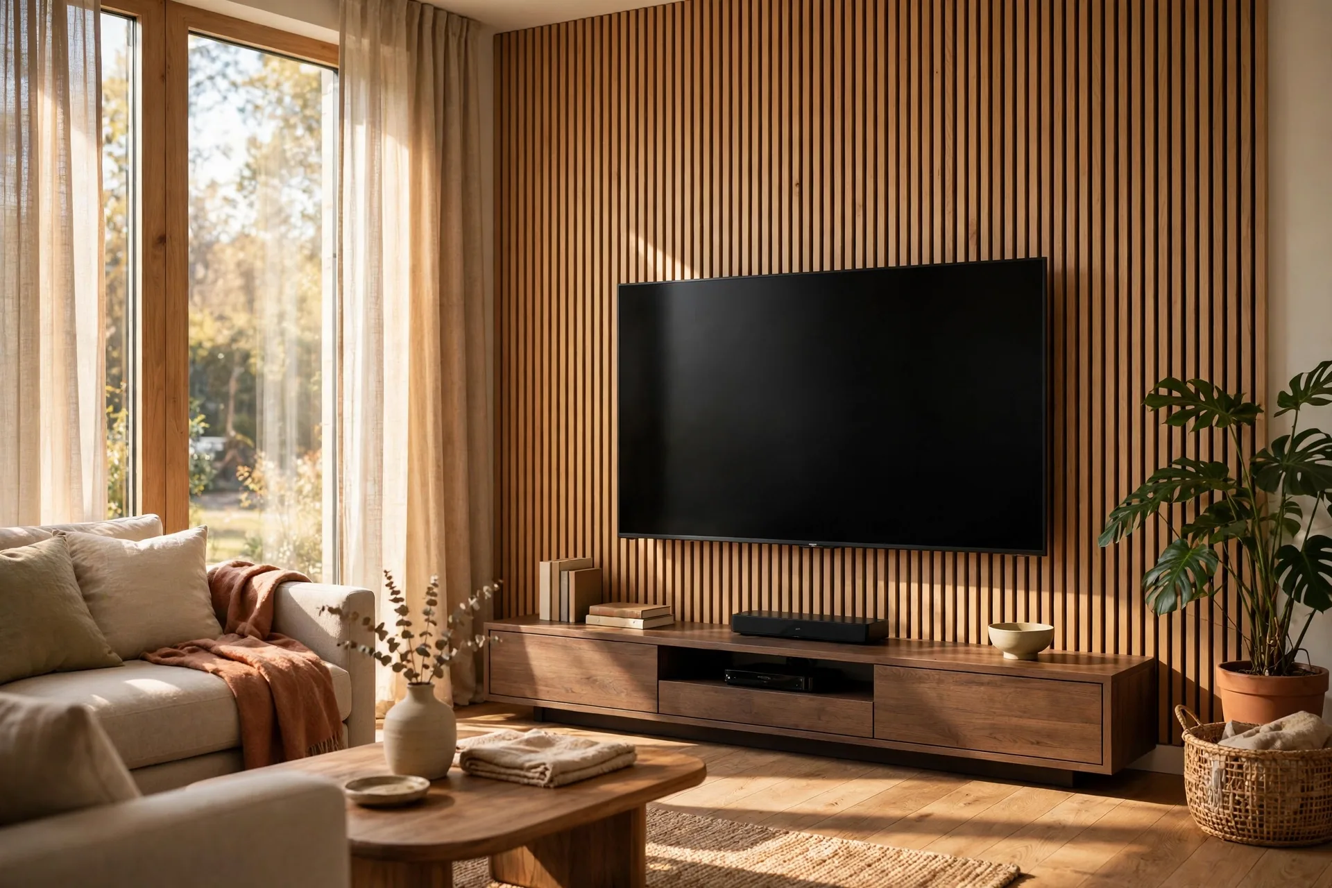 Living room cinema with wood slat acoustic panels behind a television