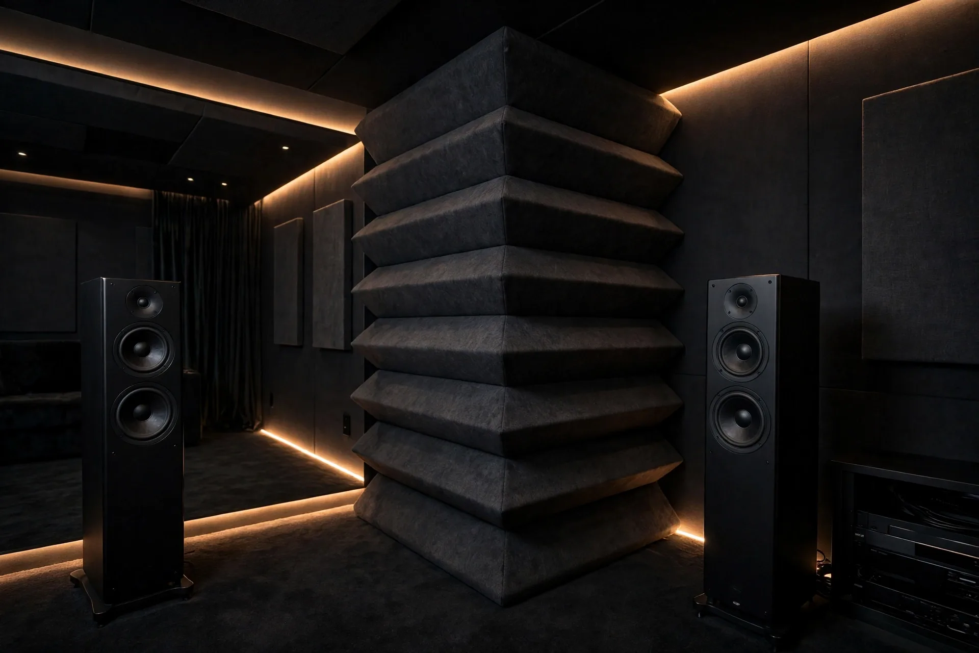 Thick bass trap panels in the corner of a home theater room