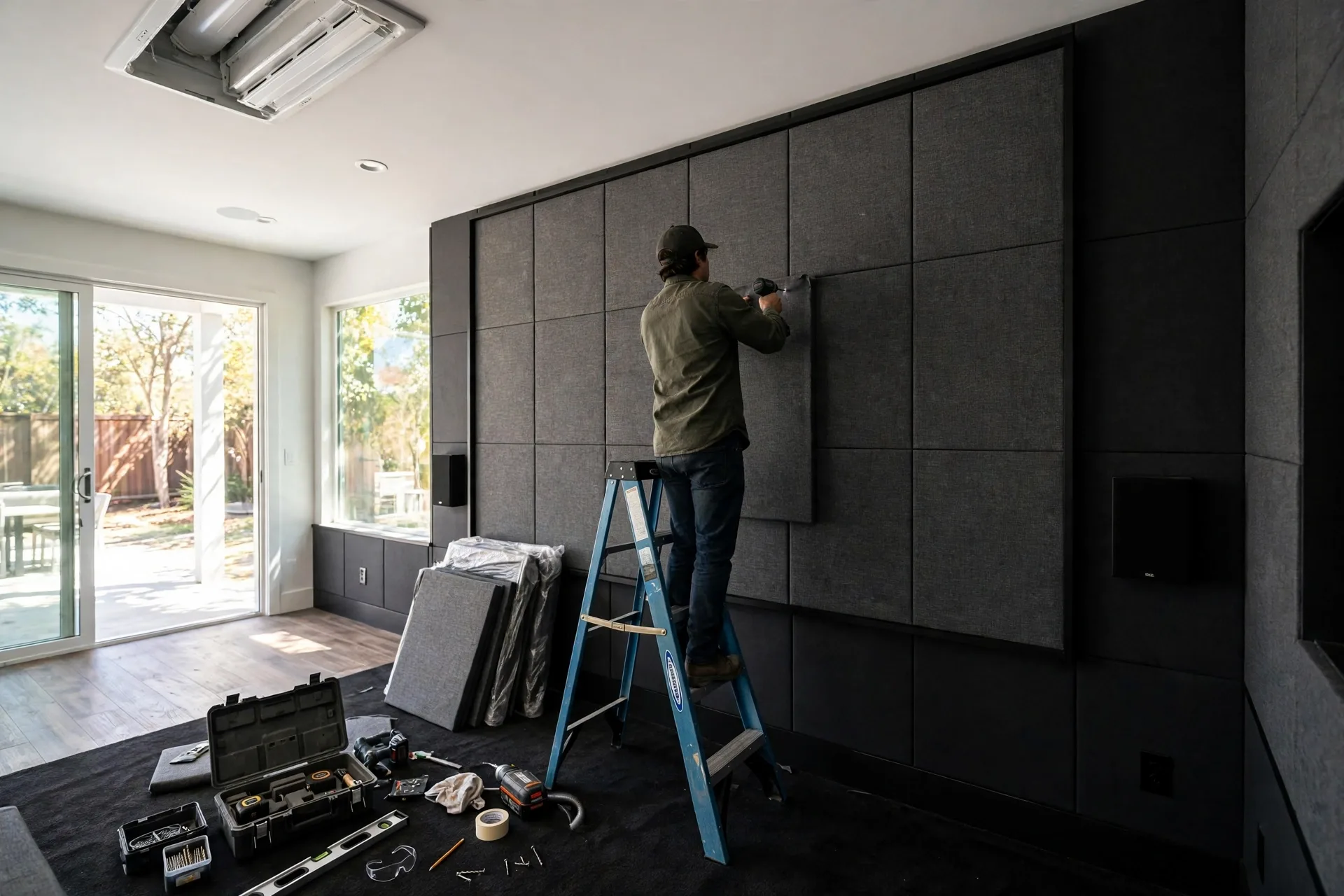 Person mounting a fabric acoustic panel on a theater wall