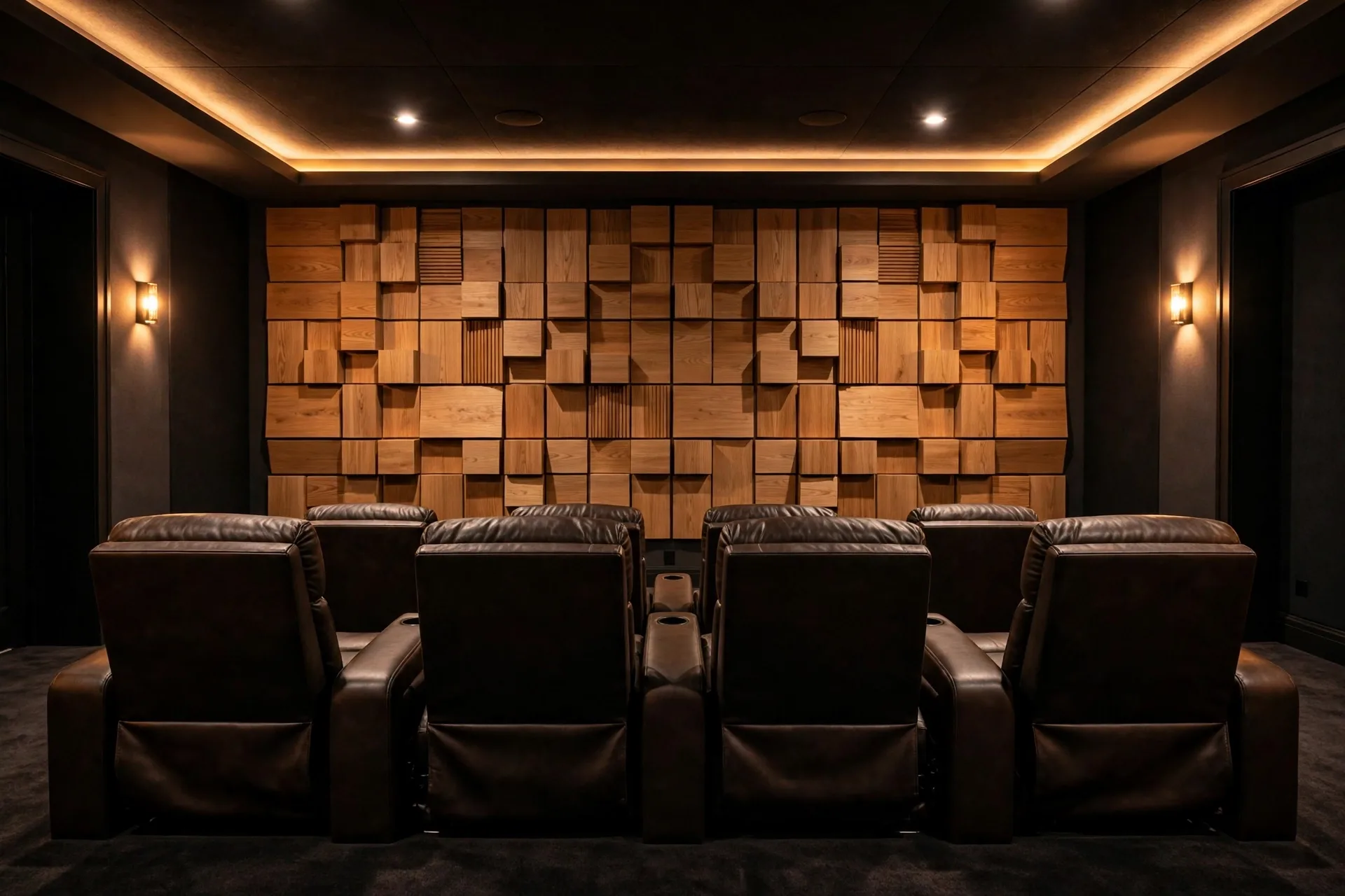 Home cinema rear wall with diffuser panels and recliner seats