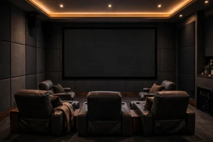 Home cinema room treated with home cinema acoustic panels