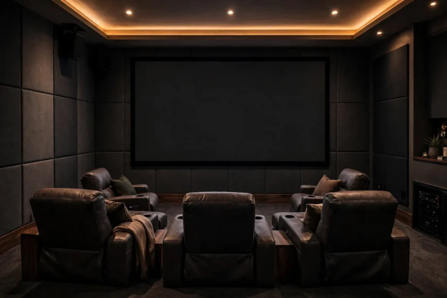Home cinema room treated with home cinema acoustic panels