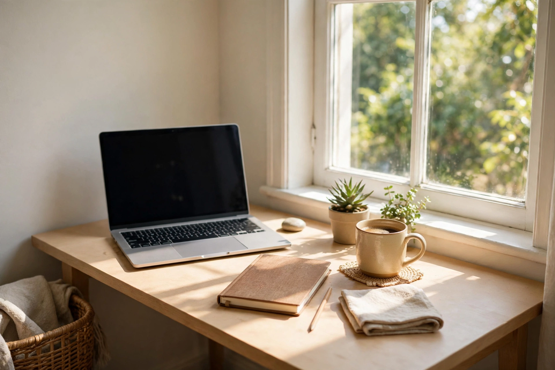 Small home office corner with a desk, laptop and window light