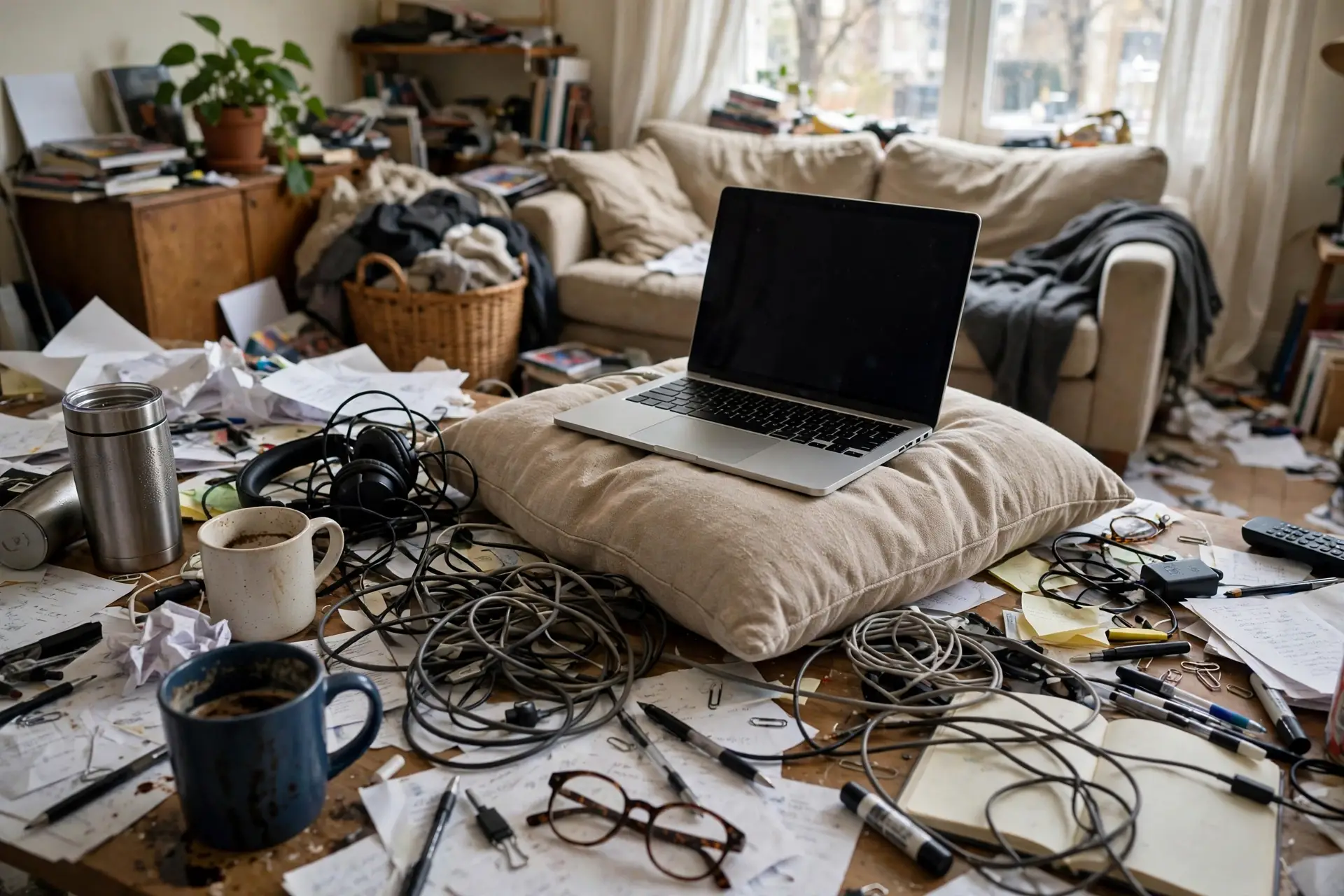 Cluttered desk with tangled cables and a laptop on a sofa cushion