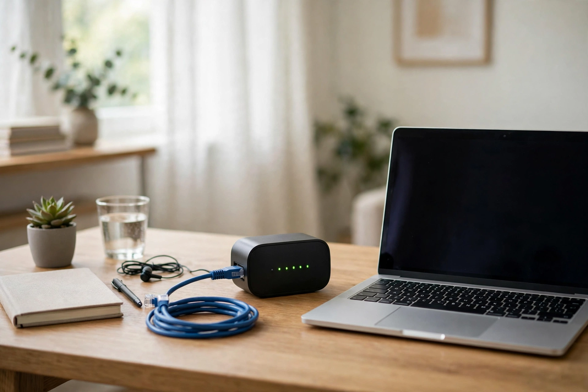 Ethernet cable plugged into a router beside a home office desk