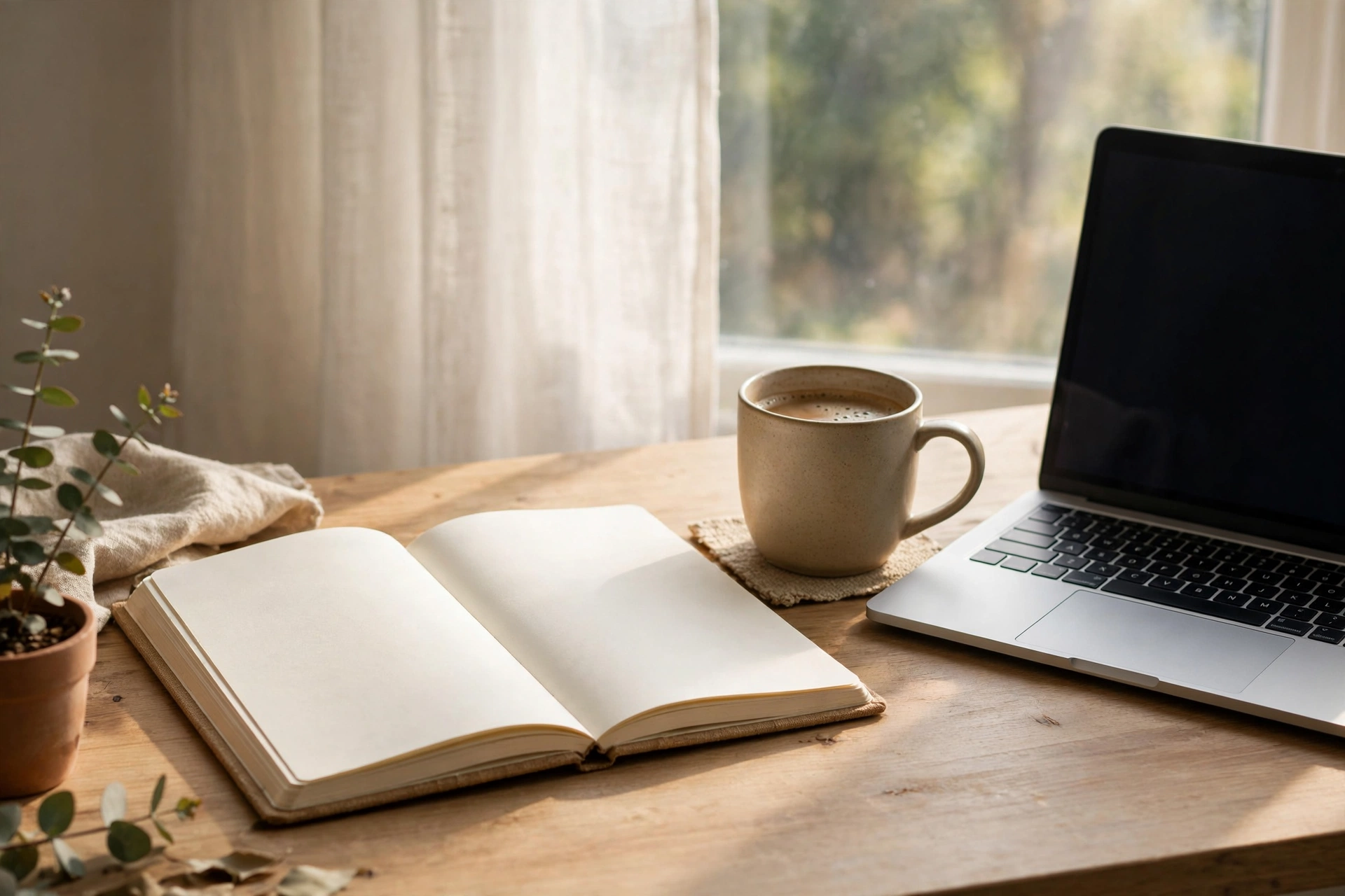 Notebook planner and coffee beside a laptop on a tidy home office desk
