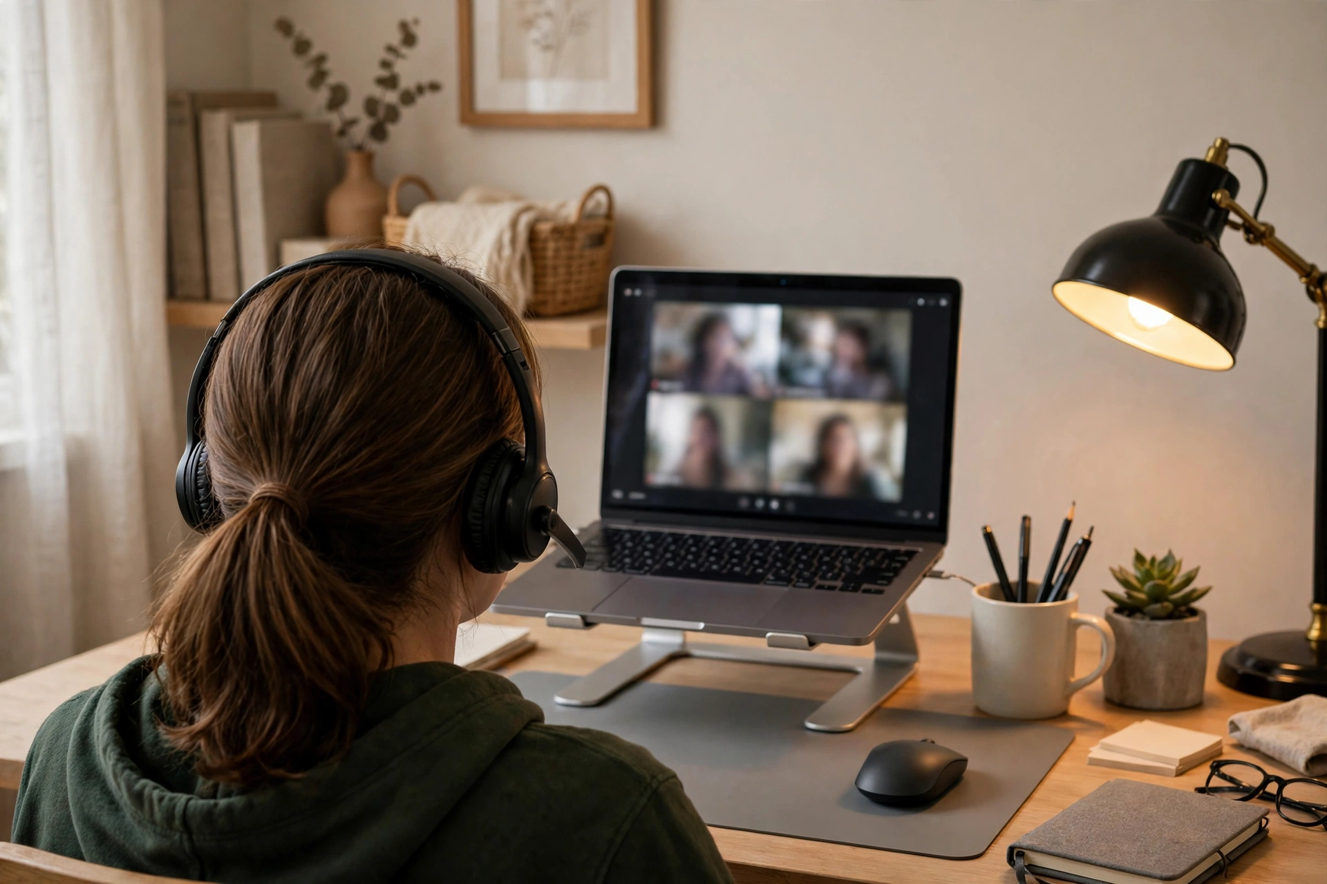 Person on a video call at a home desk with a headset and eye-level laptop
