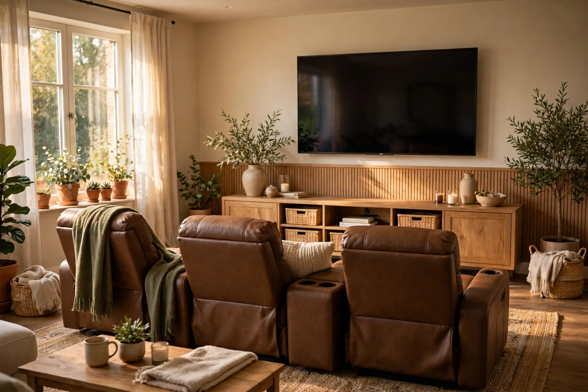 Recliner seating rows arranged for clear sightlines in a home theater