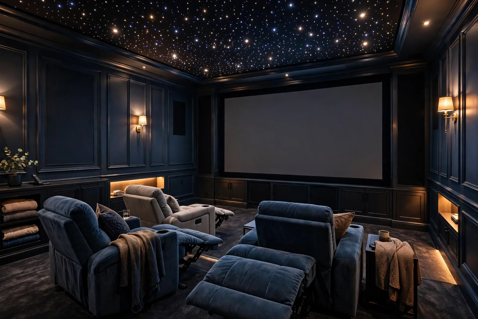 Luxury home theater with dark walls and warm concealed lighting