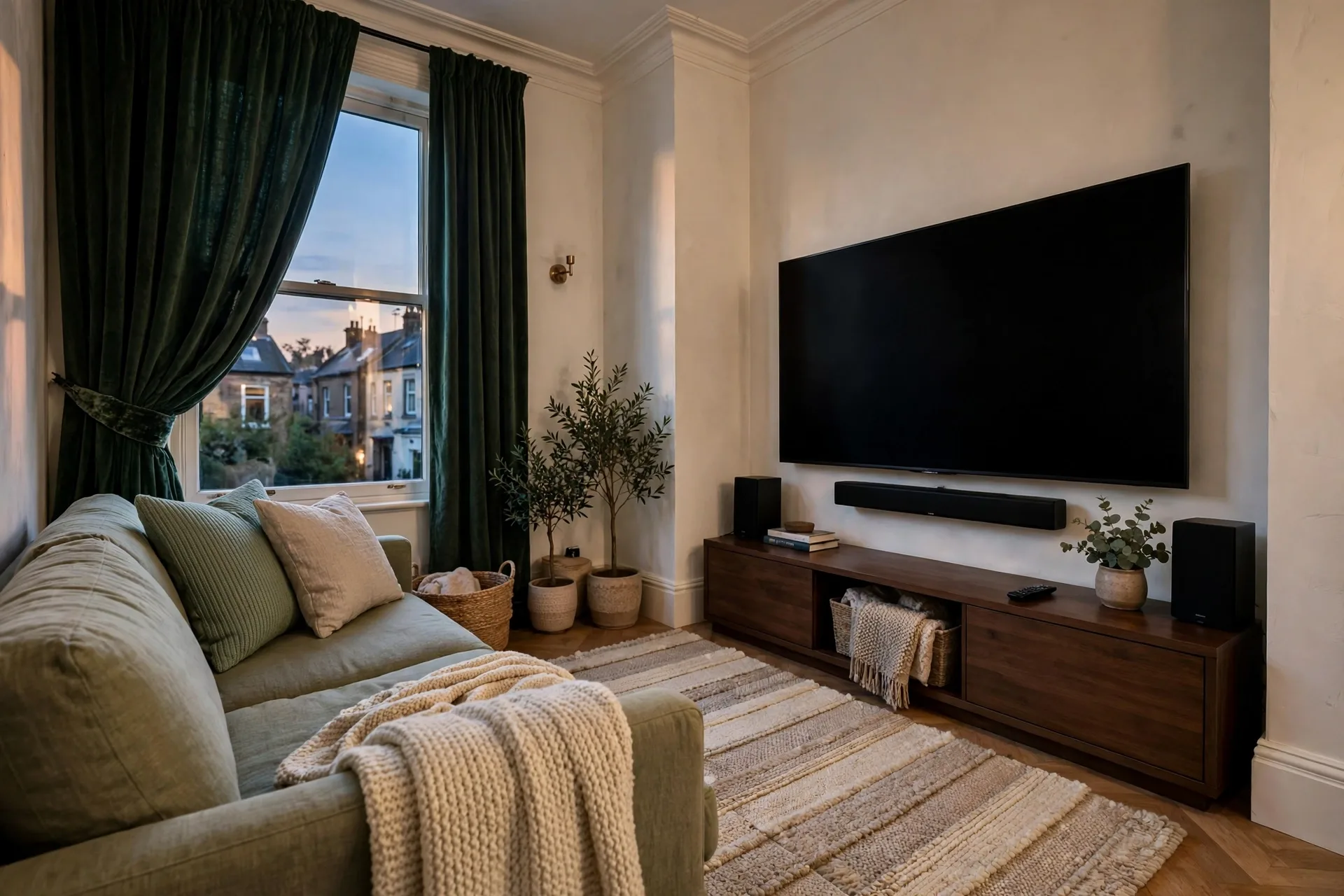 Dark home theater walls with acoustic panels and soft furnishings