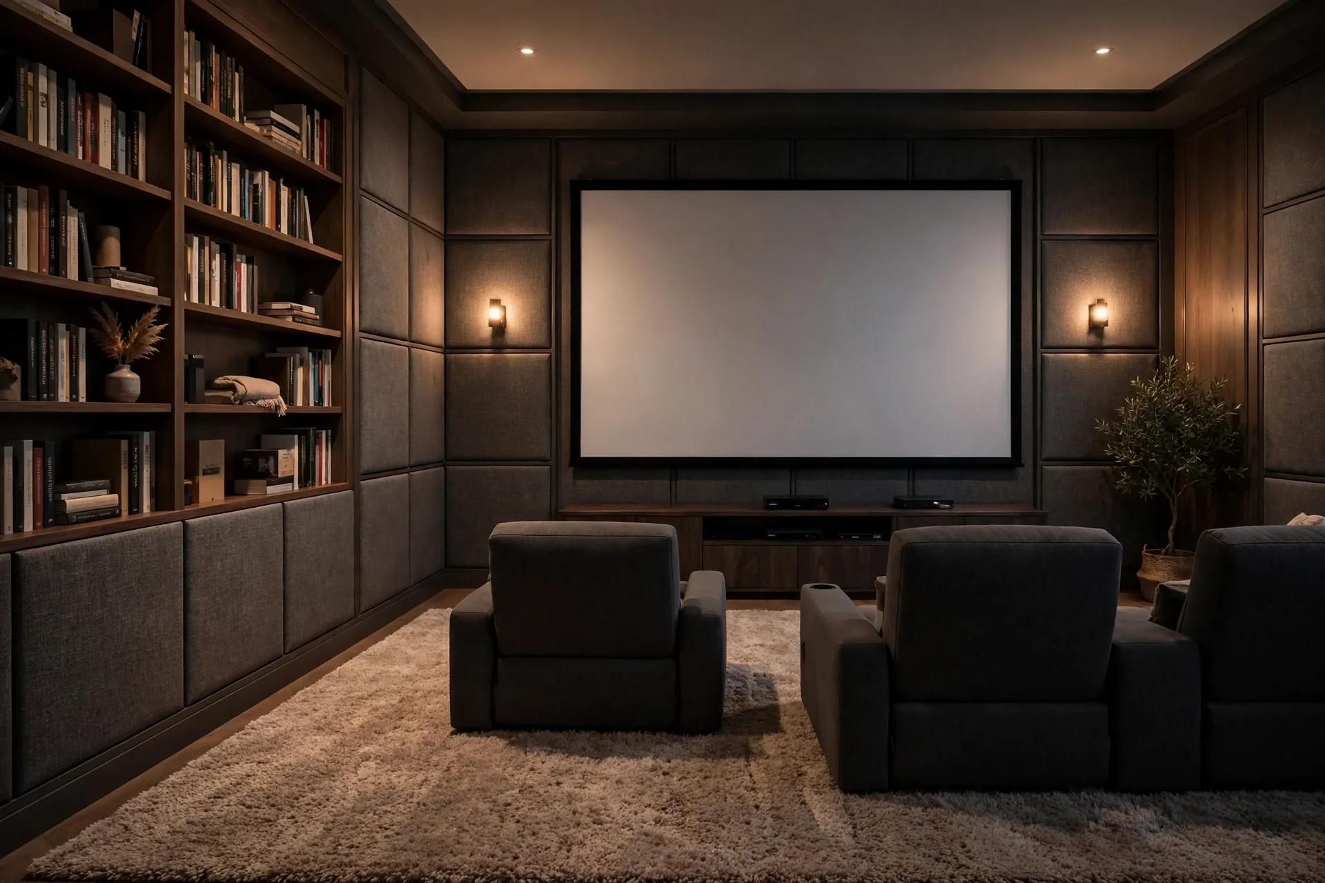 Small home theater design in a cozy room with a wall mounted TV
