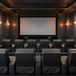Dedicated home theater design with rows of recliner seats facing a large screen