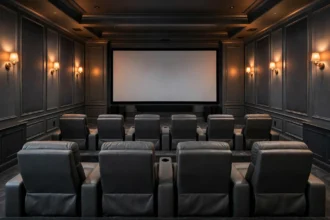 Dedicated home theater design with rows of recliner seats facing a large screen