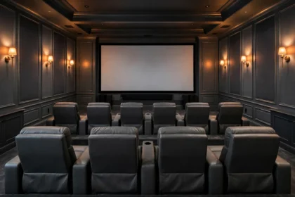 Dedicated home theater design with rows of recliner seats facing a large screen