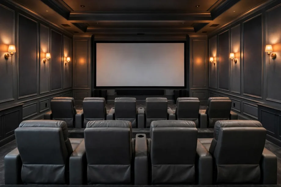 Dedicated home theater design with rows of recliner seats facing a large screen