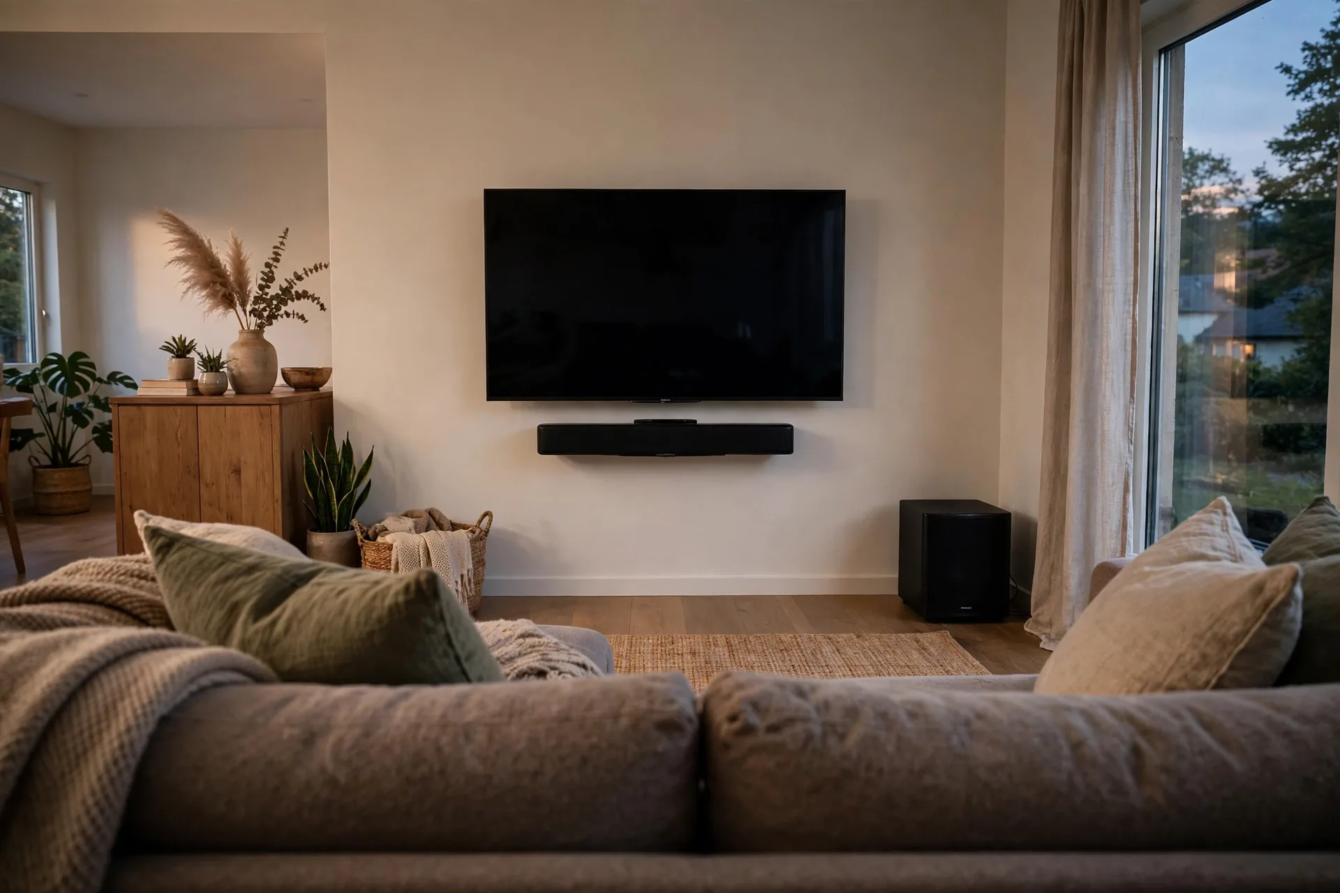 Optical audio cable beside a TV media console