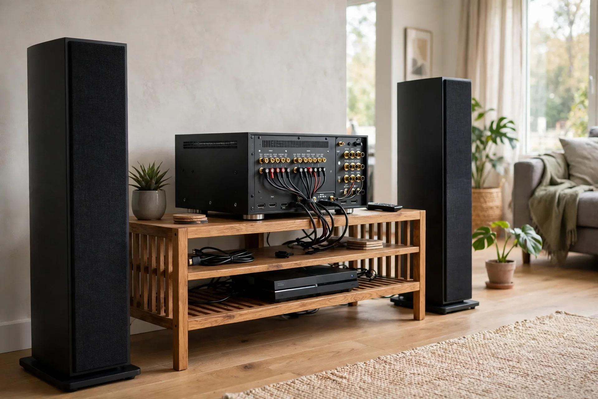 Powered bookshelf speakers on a TV console with audio cables