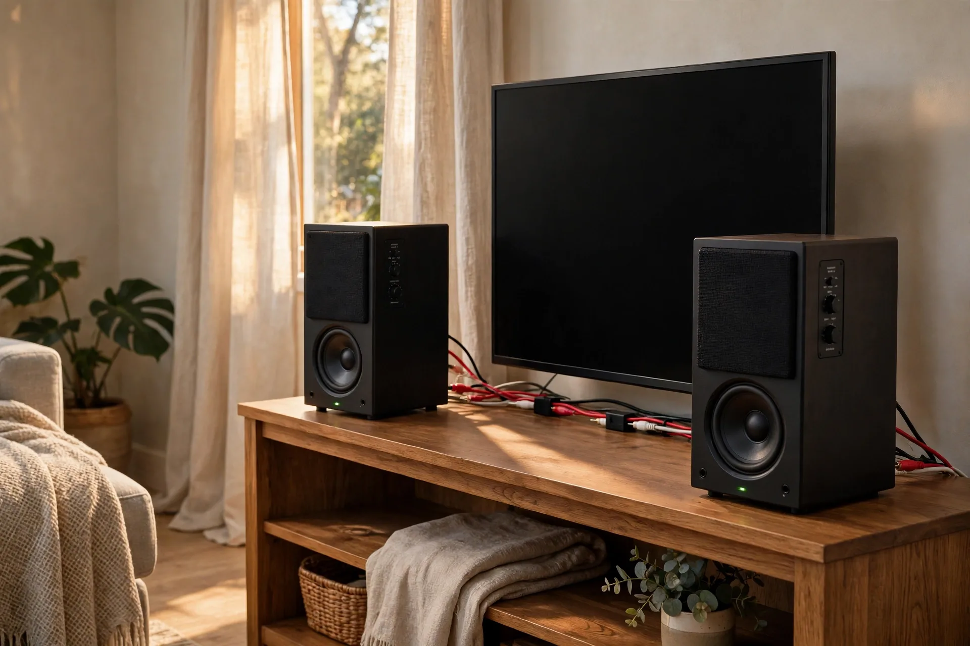 Soundbar under a TV with a wireless subwoofer in the corner