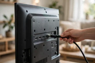 TV connected to external speakers in a living room