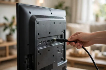 TV connected to external speakers in a living room