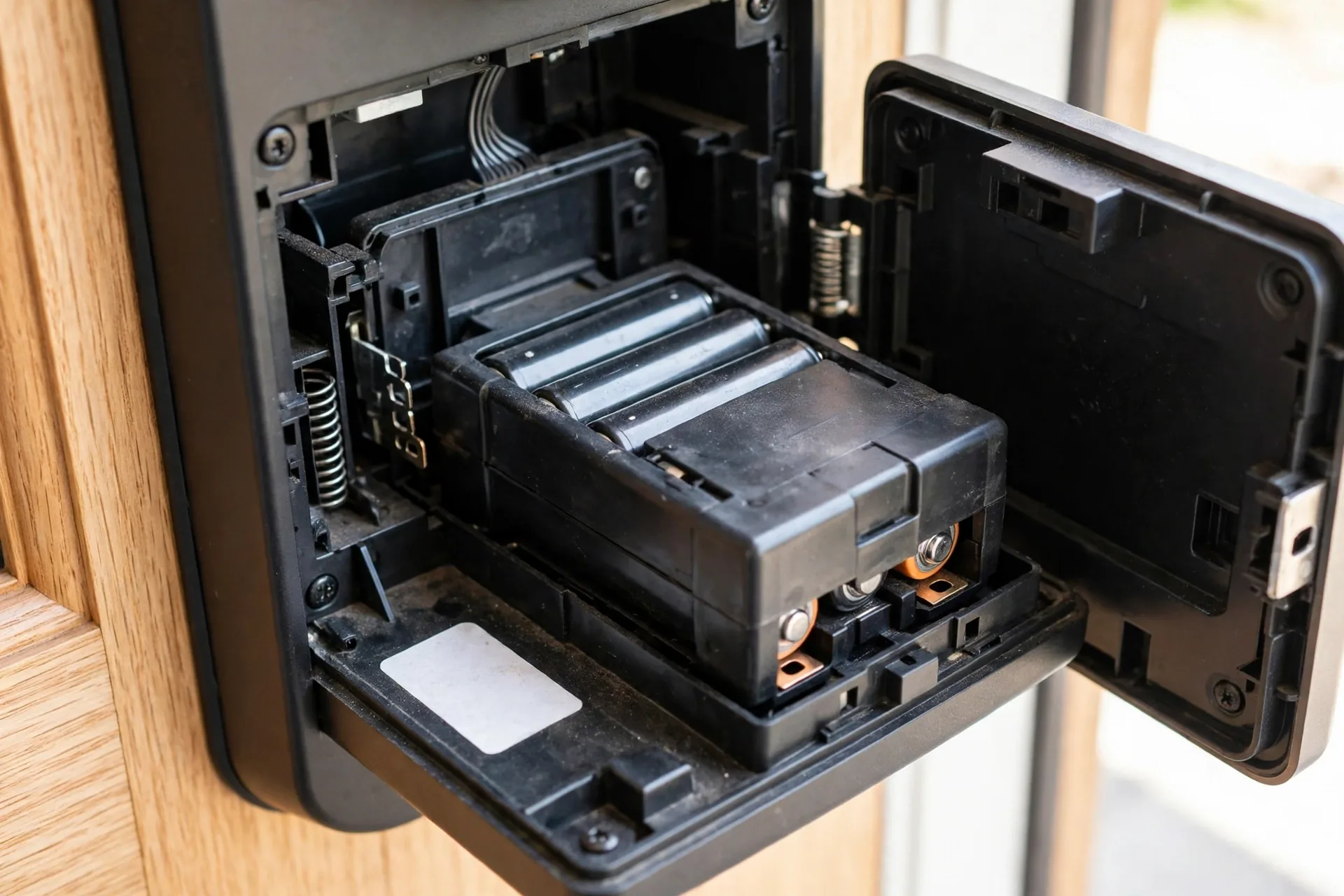 Close-up of a smart lock interior battery compartment with default code sticker visible